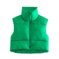 Bright green cropped puffer vest with stand-up collar and drawstring hem detail - S / Green