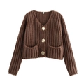 Cropped dark brown knit cardigan with V-neck and three decorative gold buttons - Coffee