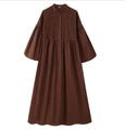Dark brown long sleeve buttoned dress with puff sleeves and pleated chest detail - S / Dark Brown