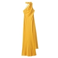 Elegant bright yellow satin halter maxi dress with draped neckline and silky finish - XS / Orange