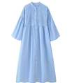 Sky blue long sleeve dress featuring button-down front and pleated details on chest - S / Sky Blue