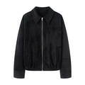 Classic black faux suede bomber jacket for women featuring a metal zipper and ribbed hem - XS / Black