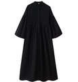 Black long dress with button-up front, lantern sleeves and pintuck pleat details - S / Black