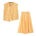 Women's yellow cotton linen two-piece set with metal buckle vest and midi skirt - S / Orange