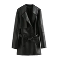 Detailed view of black faux leather trench coat with waist belt and classic lapels - XS / Black