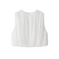Top corto blanco sin mangas plisado con cuello redondo y diseño de dobladillo abullonado - S / Blanco