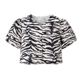 Short sleeve zebra print crop top with puff sleeves and decorative gold buttons on front - S / Tops