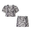 Two-piece zebra print set for women with puff sleeve crop top and mini skirt in white background - S / Zebra Print