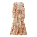 Abito floreale a maniche lunghe con scollo a V da donna con pizzo bianco e stampa vivace - S / Arcobaleno