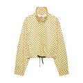 Detail of stand-up collar and brand label on yellow polka dot puffball jacket - Yellow Polka Dot Jacket