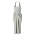 Sage green halter neck midi dress with boned corset bodice and elegant gold buckle detail - S / Light Green