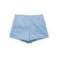 Detail view of light blue high-waisted shorts with black polka dots and woven texture - Blue Polka Dot Shorts