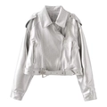 Chaqueta biker plateada metalizada para mujer con cremallera asimétrica y cinturón ajustable - XS / Plateado