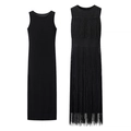Zweiteiliges schwarzes ärmelloses Strickkleid mit Vintage-Fransen und schmaler Silhouette - S / Schwarz