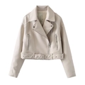 Chaqueta corta beige de cuero sintético para mujer con cremallera asimétrica y cinturón - XS / Blanco Roto