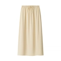 Detail of the elastic waistband and drawstring knot on a beige tiered midi skirt - S / Yellow Skirt