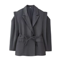 Detail of dark grey blazer featuring layered shoulder pads and matching waist tie belt - S / Gray