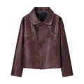 Chaqueta vintage de cuero sintético marrón para mujer con tres botones y solapa - S / Café