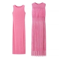 Damen Strick-Set in Rosa mit ärmellosem Maxikleid und einem Rock mit Fransen-Verzierung - S / Rosa