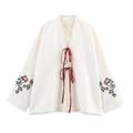 Women's ivory linen kimono shirt with red ribbon bows and floral embroidery on sleeves - XS / White