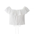 Weißes schulterfreies Crop-Top mit Stickerei und Volant-Verzierung im Vintage-Stil - S / Weiß