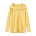 Ginger yellow off-shoulder knit sweater with vertical rib texture and wide collar - Yellow