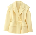 Pale yellow belted blazer with layered shoulder detail and tailored waist silhouette - S / Yellow