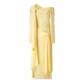 Elegantes hellgelbes schulterfreies langärmliges Strickkleid in schmaler Midi-Passform - S / Gelb