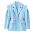 Hellblauer taillierter Blazer mit Schulterpolstern und Bindegürtel für Damen - Hellblau