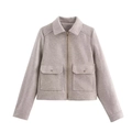 Kurze beige Tweed-Jacke mit Reißverschluss, großen Pattentaschen und klassischem Kragen - S / Beigegrau