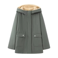 Women's warm dark green hooded parka coat with thick fleece lining and large pockets - S / Green
