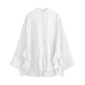 Camicia bianca ampia da donna con maniche a pipistrello, volant e collo alla coreana - XS / Bianco