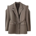 Strukturierter khakigrauer Damenblazer mit Bindegürtel und gepolsterten Schultern - Khaki