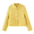 Klassische gelbe Tweedjacke mit goldenen Knöpfen und Fransen für eleganten Damenstil - XS / Gelb