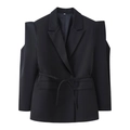 Schwarzer strukturierter Blazer mit Schulterpolstern und Gürtel zum Binden - Schwarz