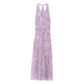 Maxikleid mit Blumenmuster, Neckholder, tiefem V-Ausschnitt und eleganter Raffung an der Taille - S / Lila