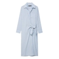 Klassisches blau gestreiftes Langarm-Hemdkleid mit Bindegürtel und Kragenausschnitt - XS / Blau-weiß gestreift
