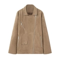 Chaqueta motera de ante marrón para mujer con solapa y varios bolsillos con cremallera - XS / Caqui Oscuro