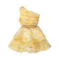 Détail d'une robe fleurie à une épaule montrant le corsage plissé et la taille découpée - S / Jaune Fleuri