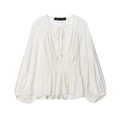 Blusa blanca de manga larga con cuello en V, cintura fruncida y mangas abullonadas - XS / Blanco