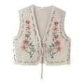 Beige cotton vest with floral embroidery and white lace trim for women - S / Milky White