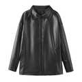 Oversized black faux leather shirt jacket with classic collar and button closure - XS / Black