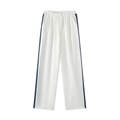 Women's white straight-leg trousers with navy side stripes and button waist closure - S / Pants / Blue and White Pants Only