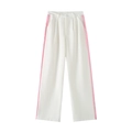 Women's high waist wide leg trousers in beige with pink side stripe detailing - S / Pants / Pink and White Pants