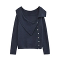 Cárdigan de punto azul marino con cuello asimétrico y botones blancos elegantes - S / Azul