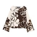 Women's floral print long sleeve top with brown abstract leaf patterns and button detail - XS / Tops