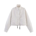 Detail of high neck polka dot jacket showing drawstring hem and crisp white windbreaker fabric - S / Tops / Outerwear / White