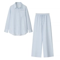 Lichtblauw gestreepte pyjamaset voor dames met kant en broek met wijde pijpen - Blauw Set