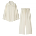 Dames set van gestreept shirt en wijde broek met kantversiering in crème wit - Gele Set