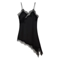 Elegante abito sottoveste in raso nero con pizzo floreale, scollo a V e orlo - S / Nero
